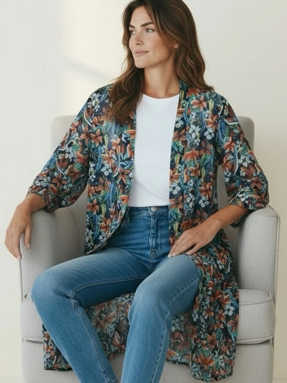 APT.9 - Sz L / XL - Floral Kimono Duster - Multi-Color tropical beach boat